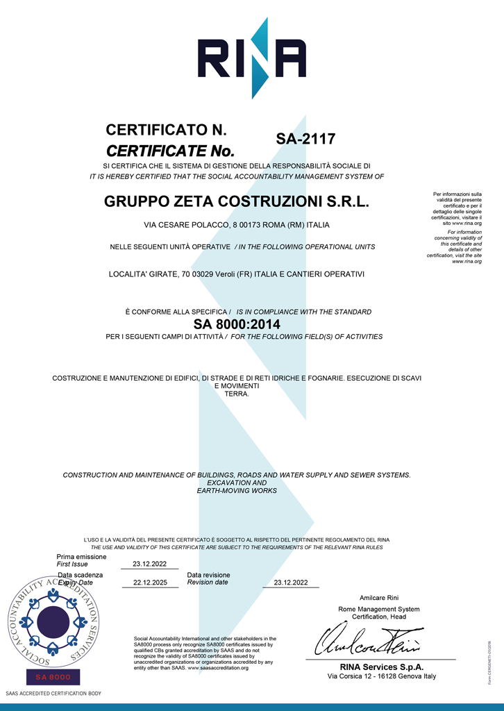 certificazione SA8000 Gruppo Zeta Costruzioni